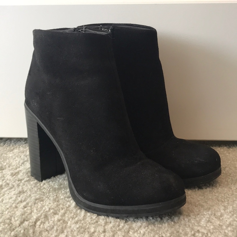 Black suede booties.